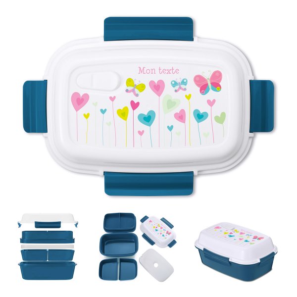 Lunch box - bento - boite à repas personnalisable pour enfants motif fleurs coeurs papillons couleur bleu pétrole