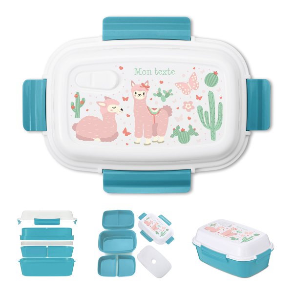 Lunch box - bento - boite à repas personnalisable pour enfants motif lamas couleur bleu clair